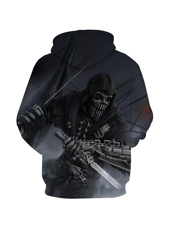 Men's Horror Skull Samurai Graphic Print Hoodies
