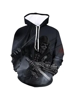 Men's Horror Skull Samurai Graphic Print Hoodies