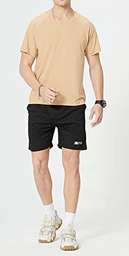Men's Shorts Set 2 Pieces Outfits Sport Set V-neck T-shirt and Shorts Tracksuit Kahki X-Large