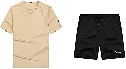 Men's Shorts Set 2 Pieces Outfits Sport Set V-neck T-shirt and Shorts Tracksuit Kahki X-Large