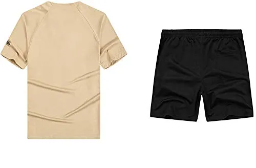 Men's Shorts Set 2 Pieces Outfits Sport Set V-neck T-shirt and Shorts Tracksuit Kahki X-Large