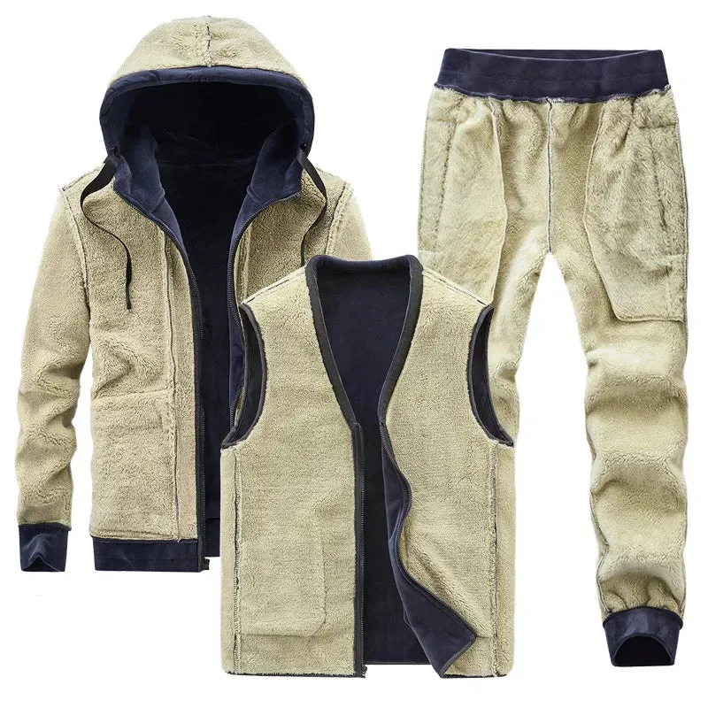 Men's Winter Plus Velvet Thick Tracksuits Lamb Cashmere Three-piece Sets