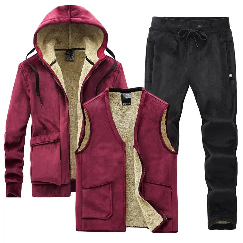 Men's Winter Plus Velvet Thick Tracksuits Lamb Cashmere Three-piece Sets