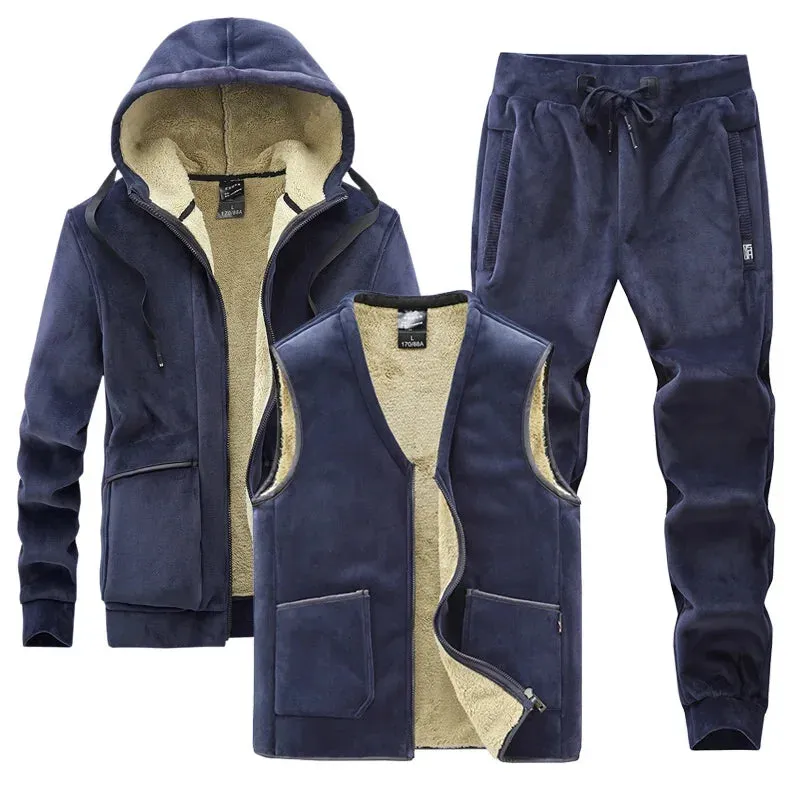 Men's Winter Plus Velvet Thick Tracksuits Lamb Cashmere Three-piece Sets