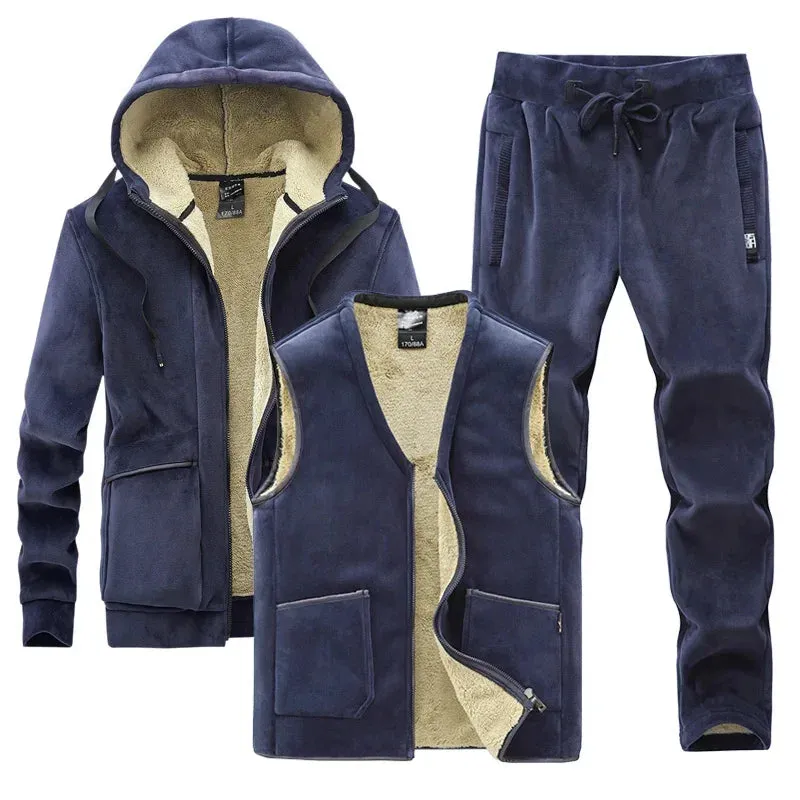 Men's Winter Plus Velvet Thick Tracksuits Lamb Cashmere Three-piece Sets