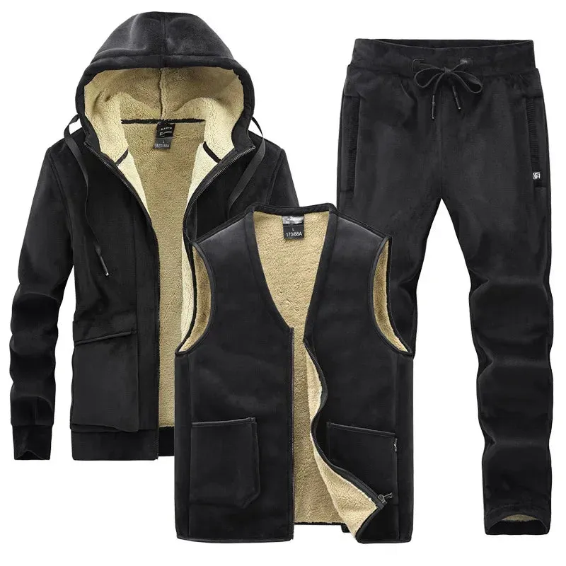 Men's Winter Plus Velvet Thick Tracksuits Lamb Cashmere Three-piece Sets