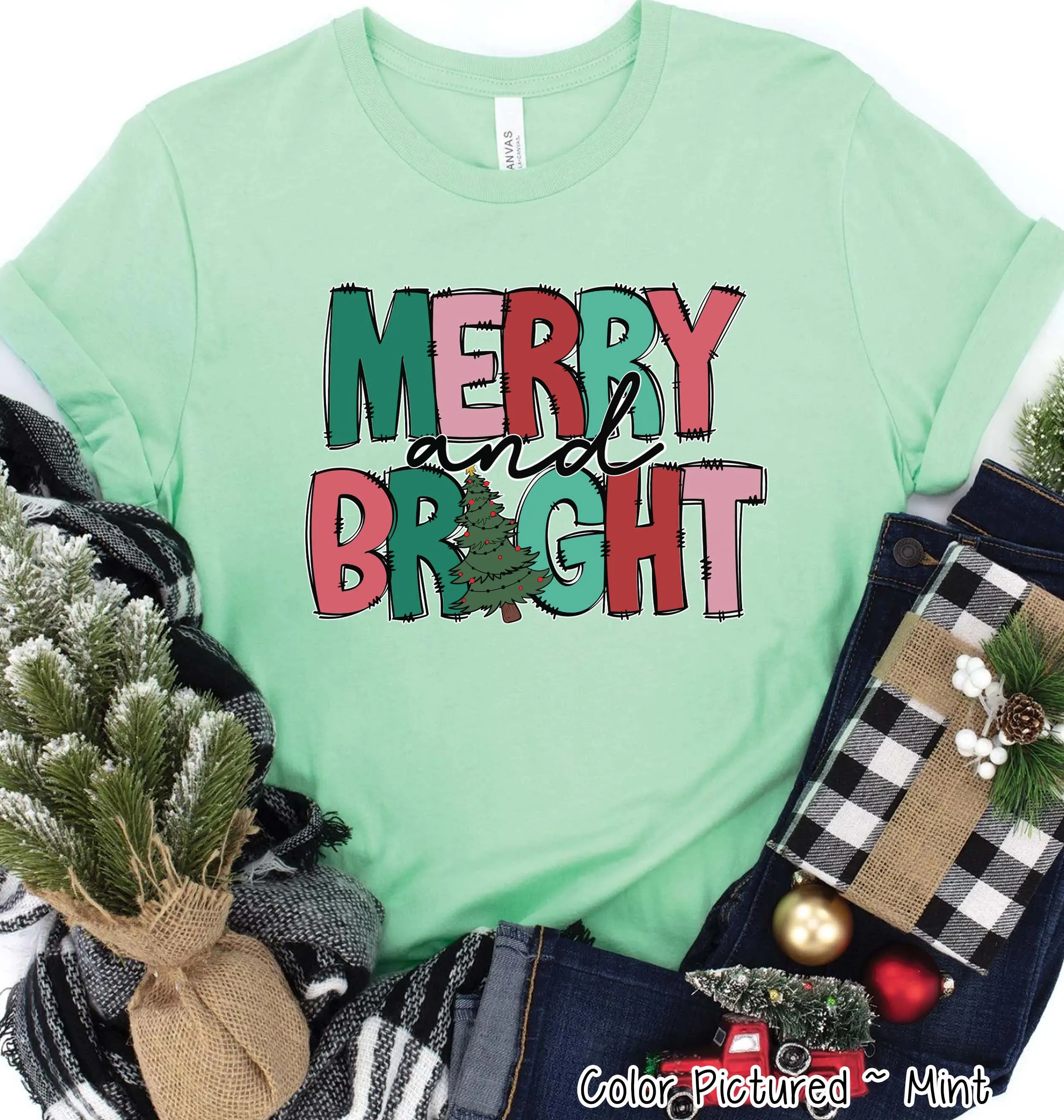 Merry & Bright Doodle Christmas Tee or Sweatshirt