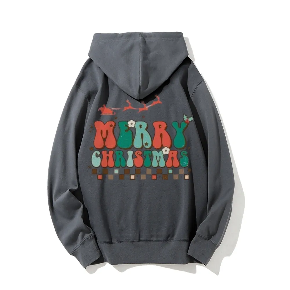 Merry Christmas Graphic Pullover With Kangaroo Pocket Hoodies