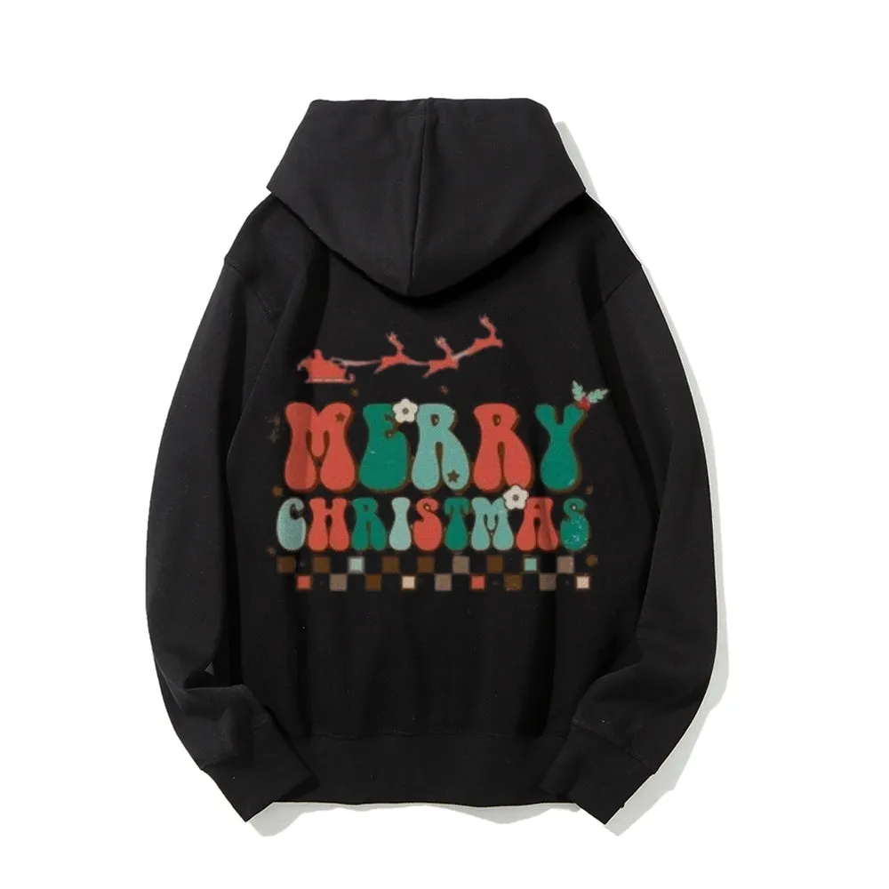 Merry Christmas Graphic Pullover With Kangaroo Pocket Hoodies