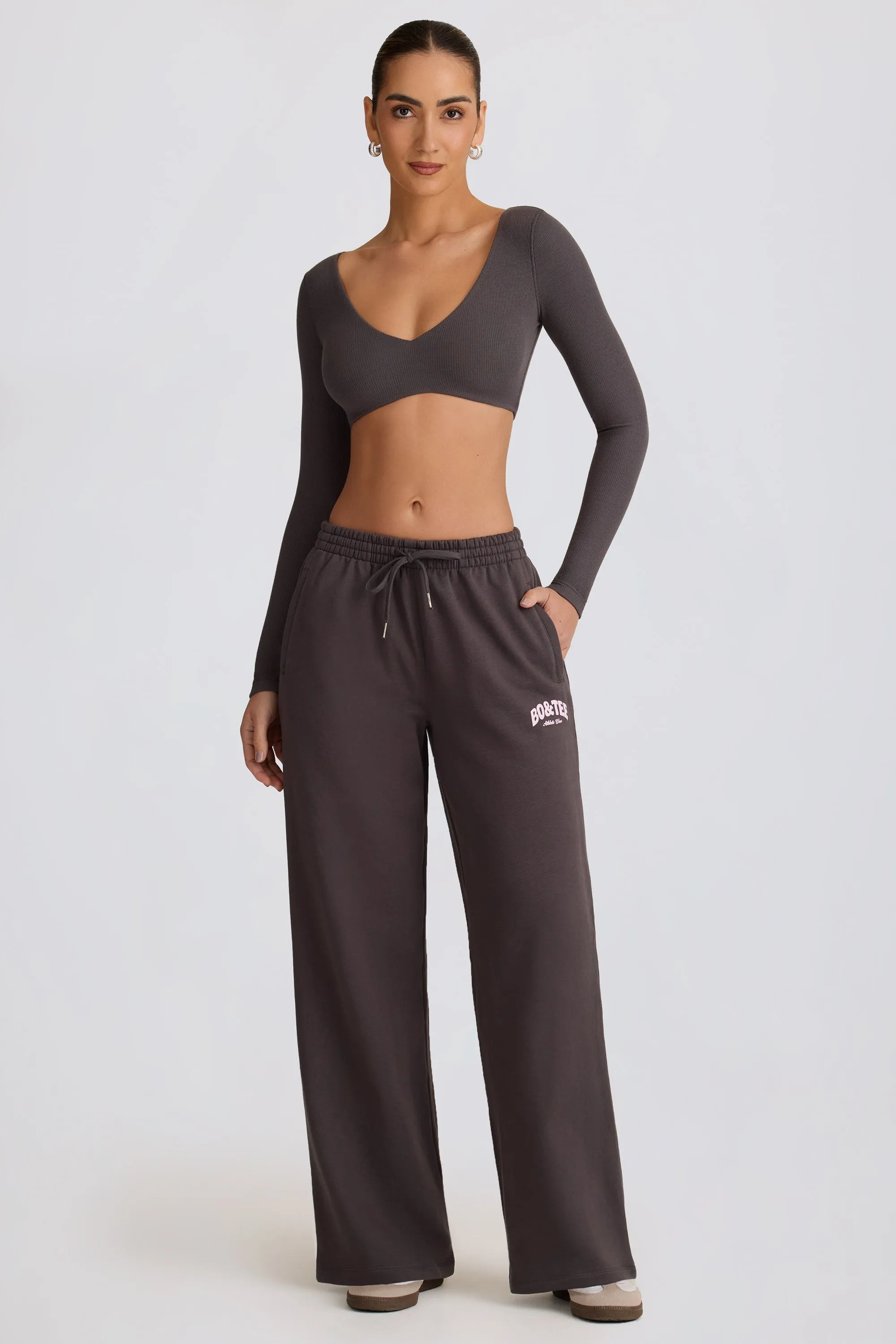 Mid-Rise Wide-Leg Joggers in Charcoal Grey