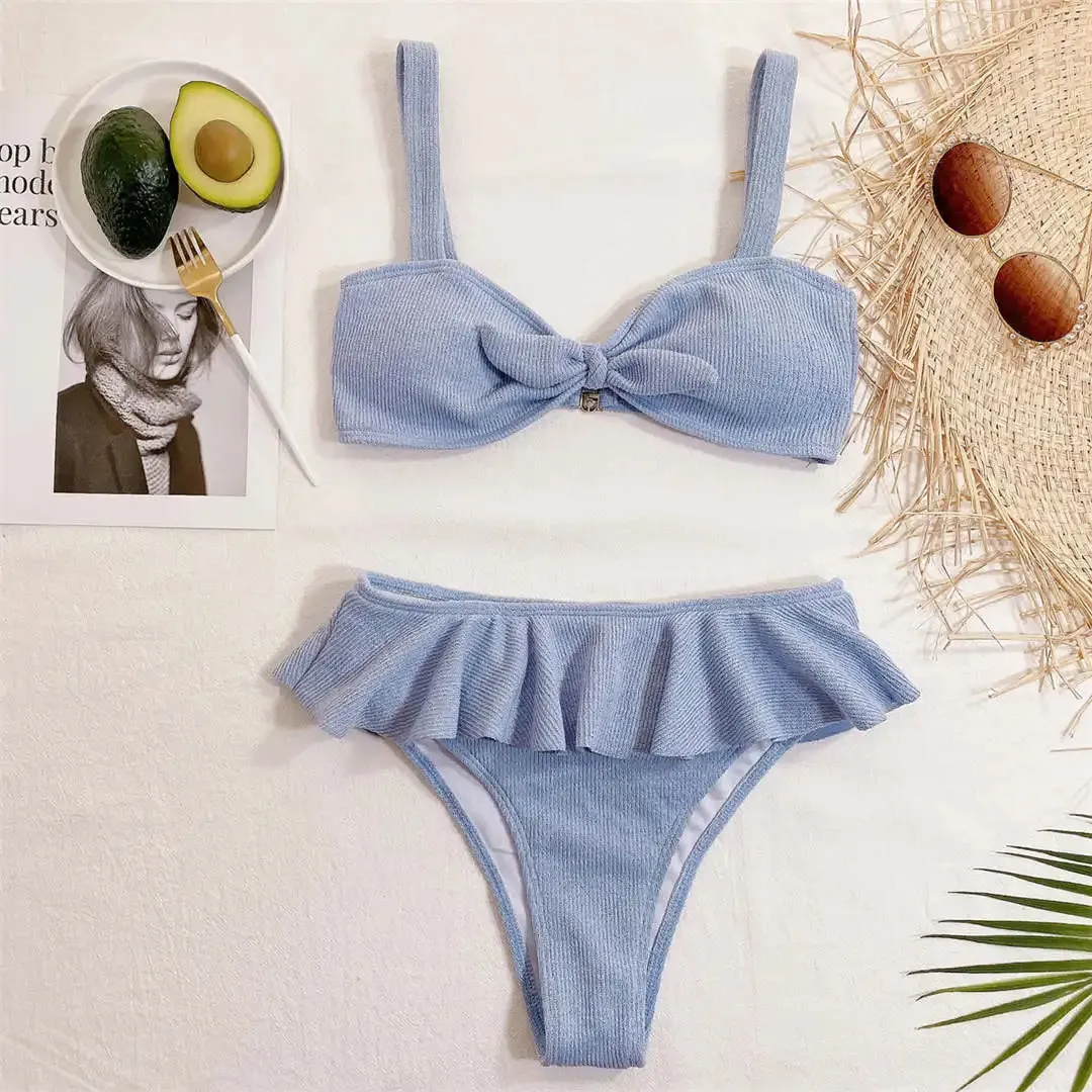 Mid-Waist Ruffled Bikini Set with Knotted Top - Two-Piece Bathing Suit