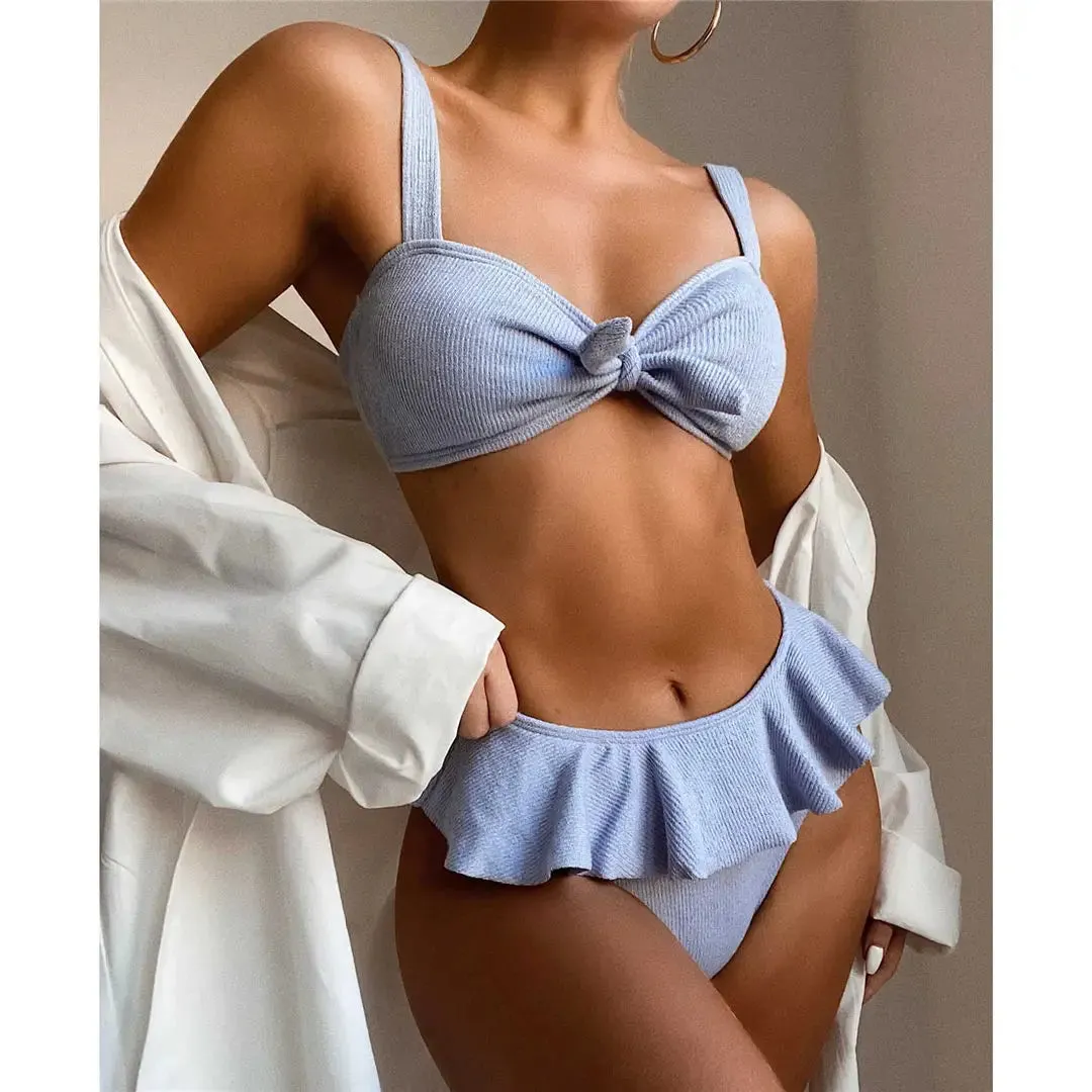 Mid-Waist Ruffled Bikini Set with Knotted Top - Two-Piece Bathing Suit