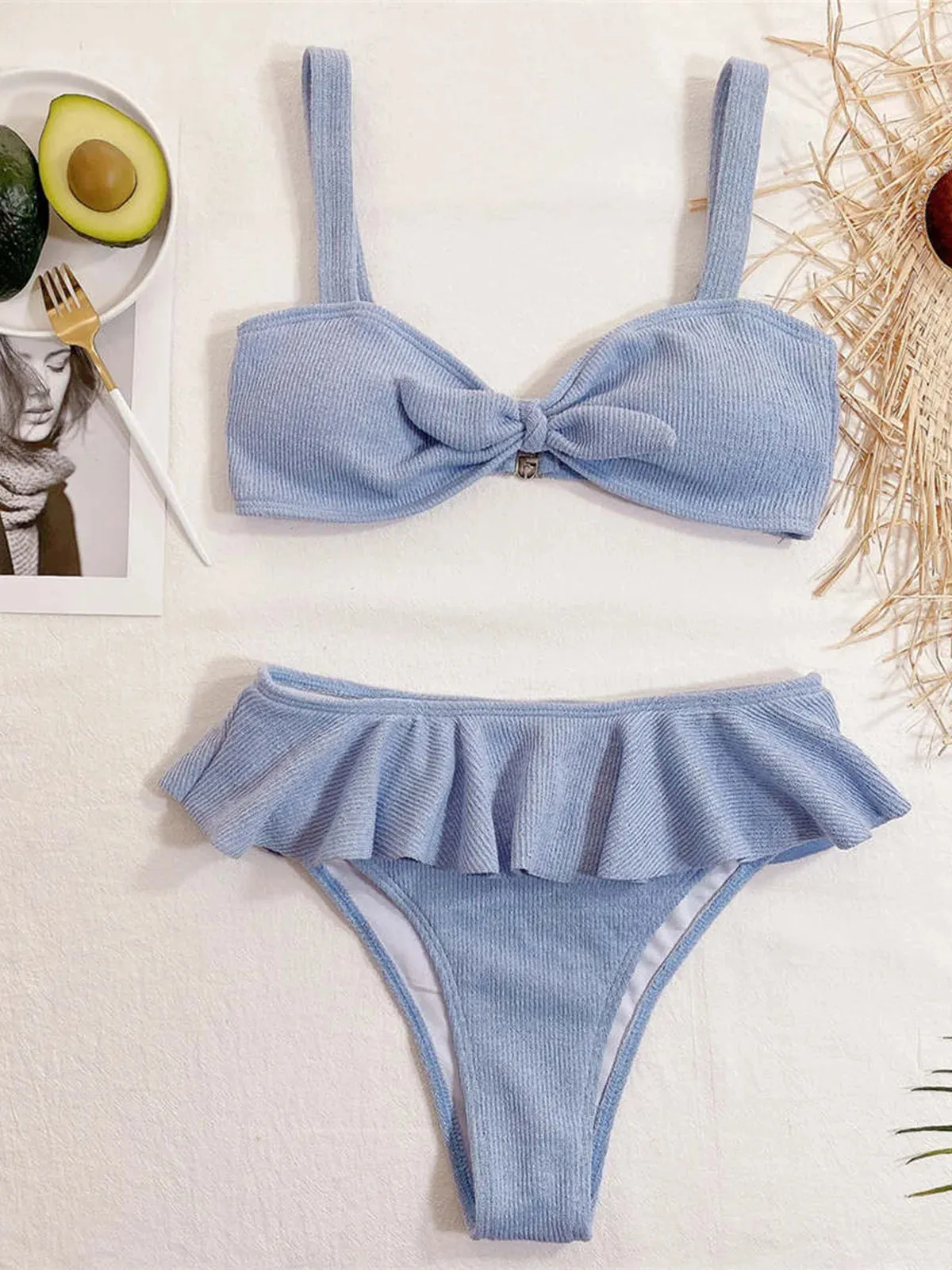 Mid-Waist Ruffled Bikini Set with Knotted Top - Two-Piece Bathing Suit
