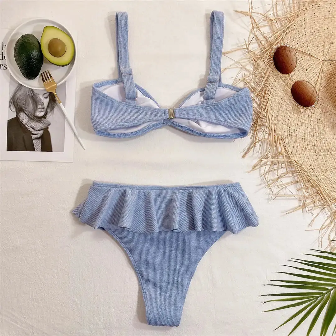 Mid-Waist Ruffled Bikini Set with Knotted Top - Two-Piece Bathing Suit