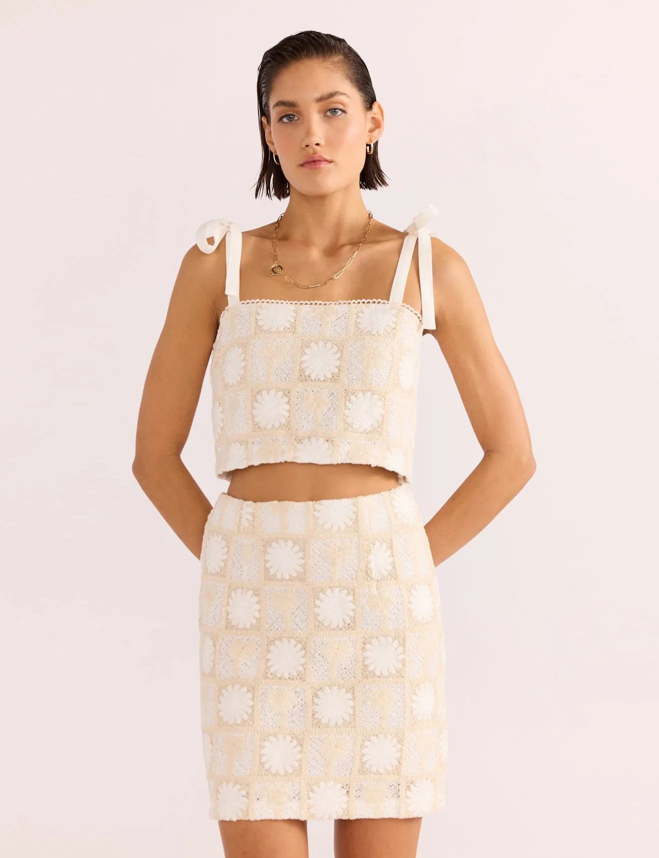 MINK PINK LYRIA PALM LACE CROP TOP - CREAM