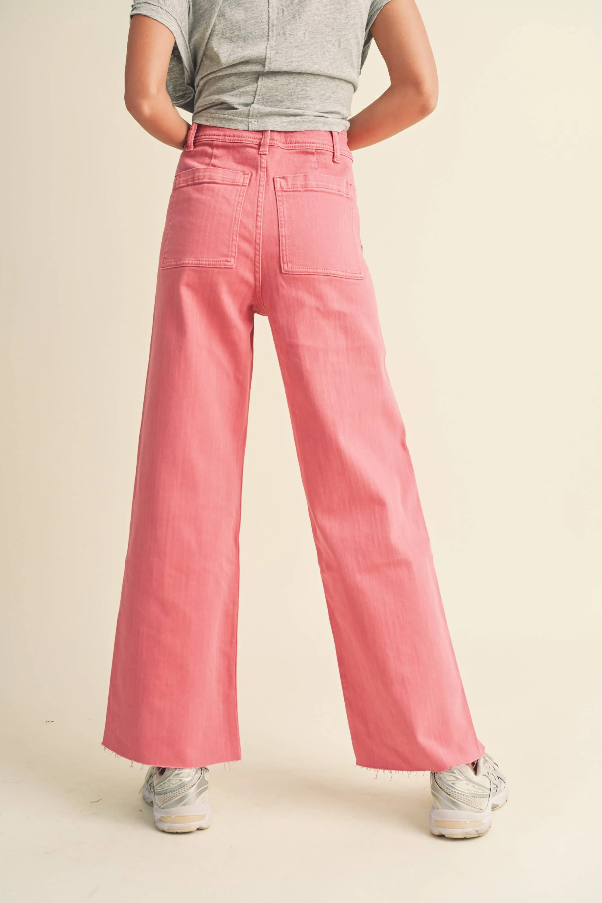 MMP1913 STRAIGHT WIDE LEG PANTS WITH FRONT POCKET: S / RASPBERRY