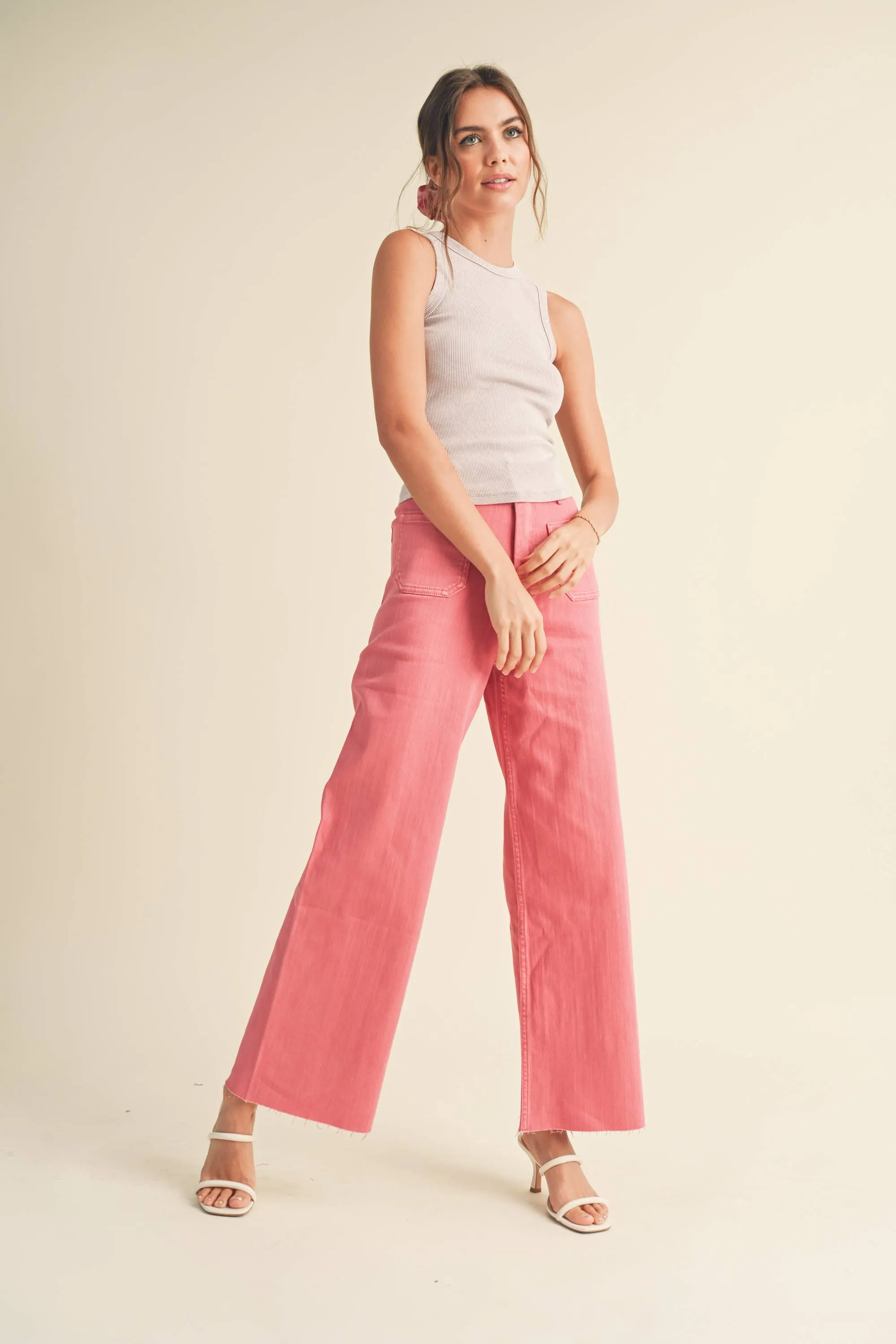 MMP1913 STRAIGHT WIDE LEG PANTS WITH FRONT POCKET: S / RASPBERRY