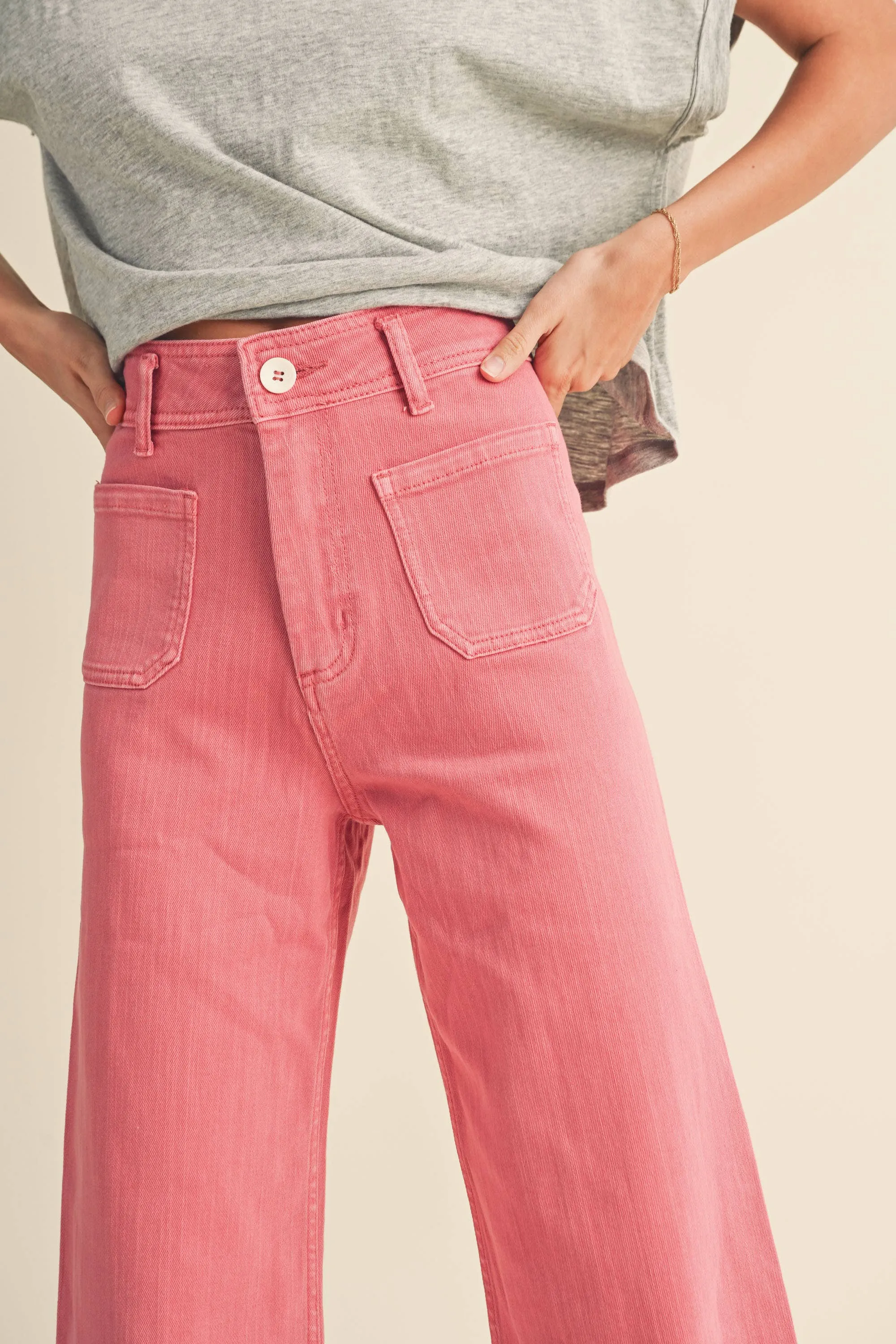 MMP1913 STRAIGHT WIDE LEG PANTS WITH FRONT POCKET: S / RASPBERRY