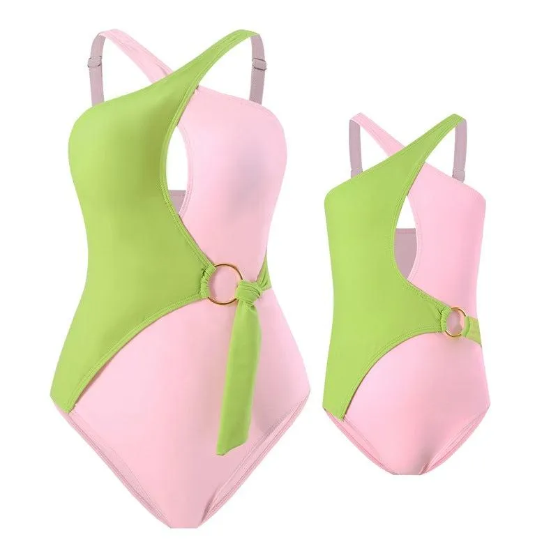 Mommy & Me" Vibrant Duo-Tone One-Piece Swimsuit with Ring Accent Family Matching Swimwear Collection