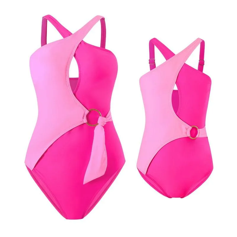 Mommy & Me" Vibrant Duo-Tone One-Piece Swimsuit with Ring Accent Family Matching Swimwear Collection