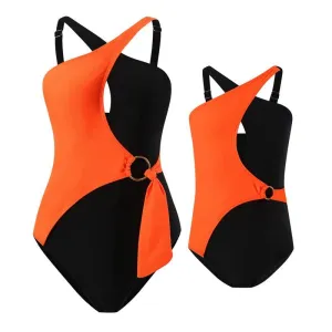 Mommy & Me" Vibrant Duo-Tone One-Piece Swimsuit with Ring Accent Family Matching Swimwear Collection