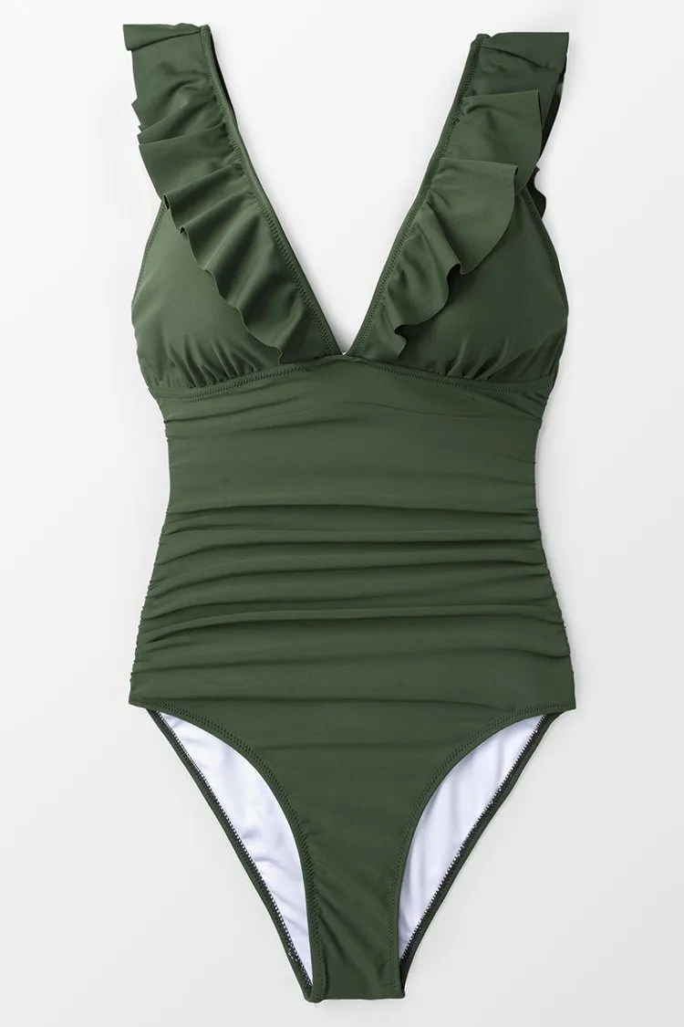 Moss Green Ruffle One Piece Swimsuit