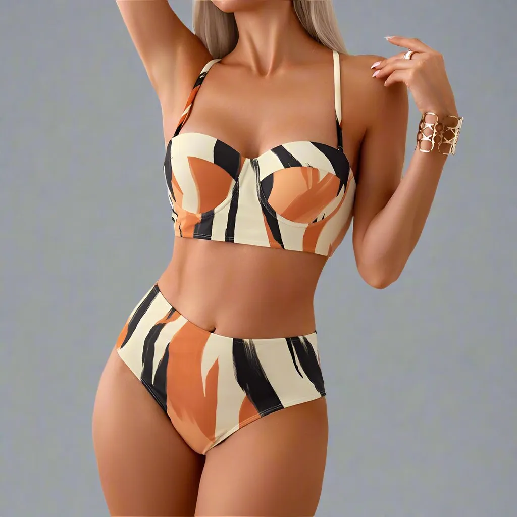 Mother & Daughter Matching Swim Set - Abstract Print Two-Piece High-Waisted Bikini with Wrap Skirt