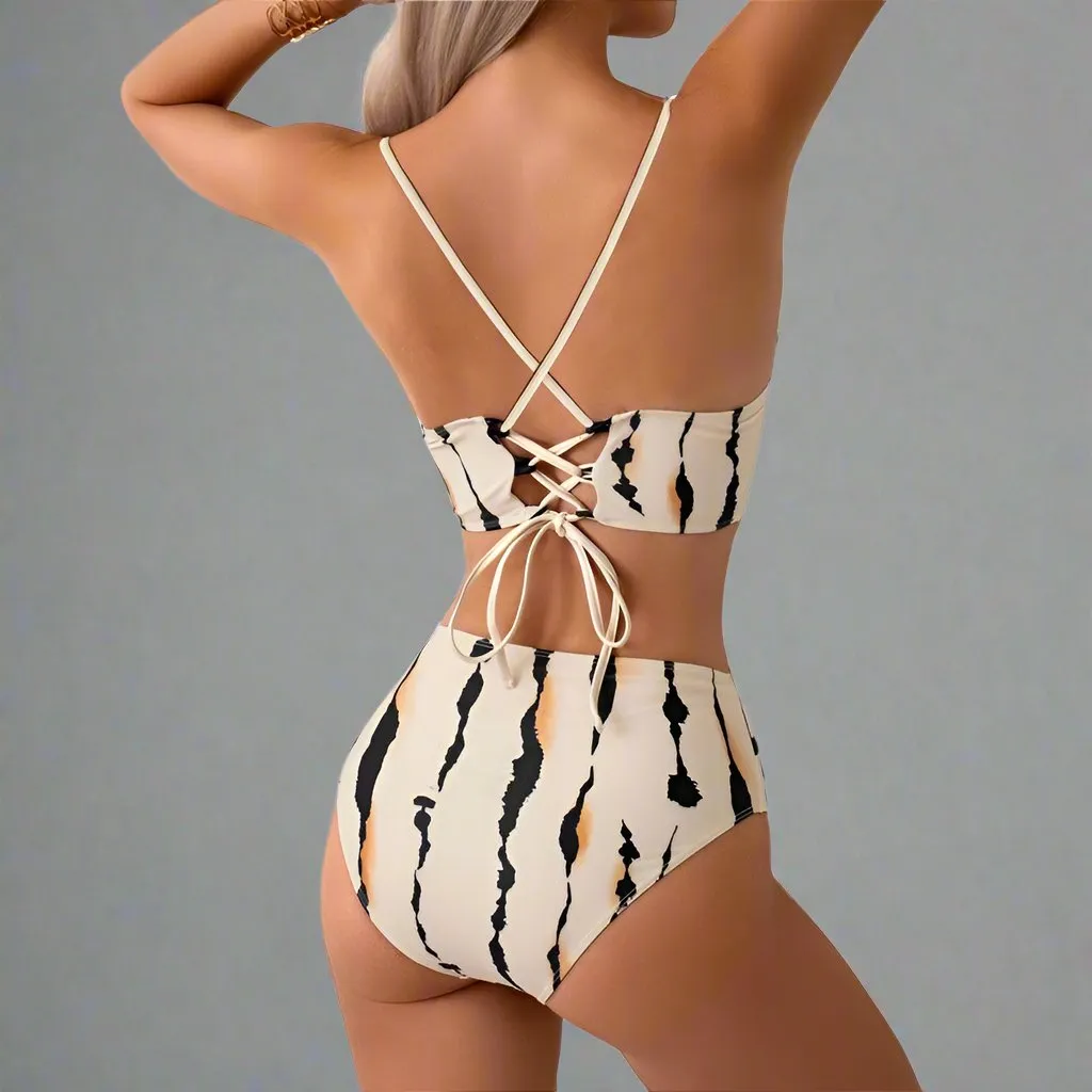 Mother & Daughter Matching Swim Set - Abstract Print Two-Piece High-Waisted Bikini with Wrap Skirt