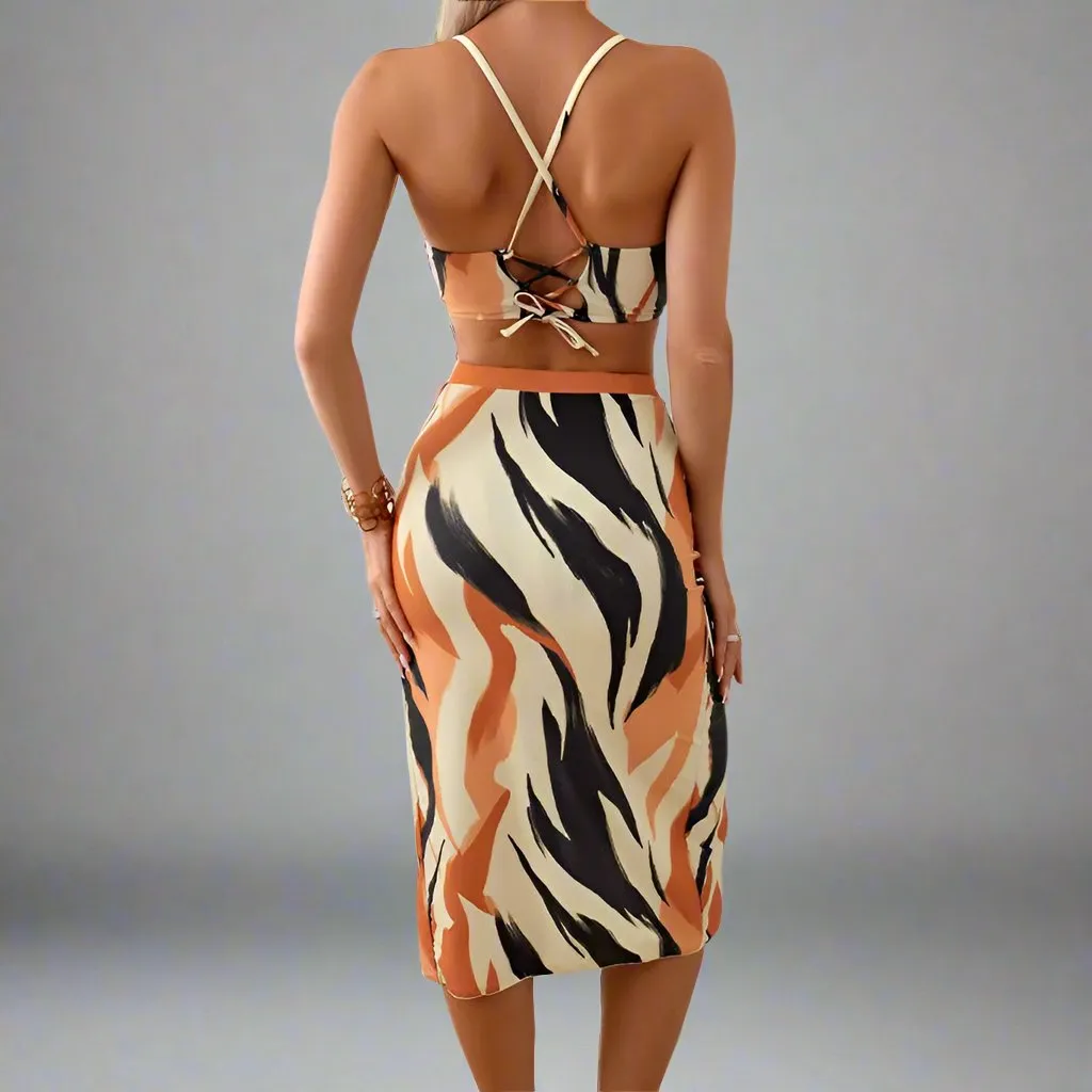 Mother & Daughter Matching Swim Set - Abstract Print Two-Piece High-Waisted Bikini with Wrap Skirt