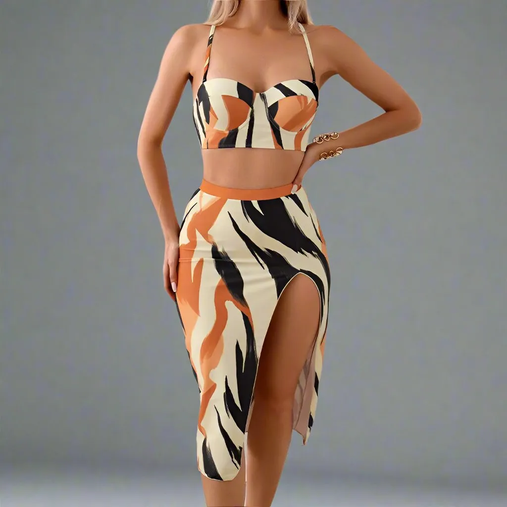 Mother & Daughter Matching Swim Set - Abstract Print Two-Piece High-Waisted Bikini with Wrap Skirt