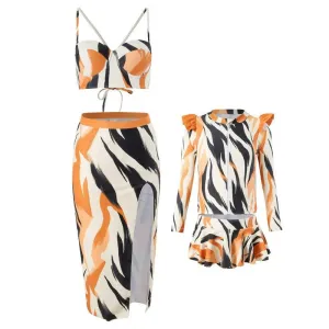 Mother & Daughter Matching Swim Set - Abstract Print Two-Piece High-Waisted Bikini with Wrap Skirt