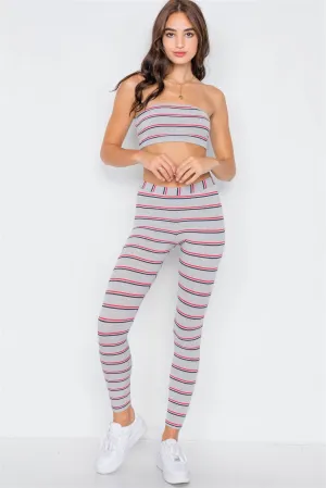 Multi Stripe Ribbed Crop Tube Top & Ankle Legging Set