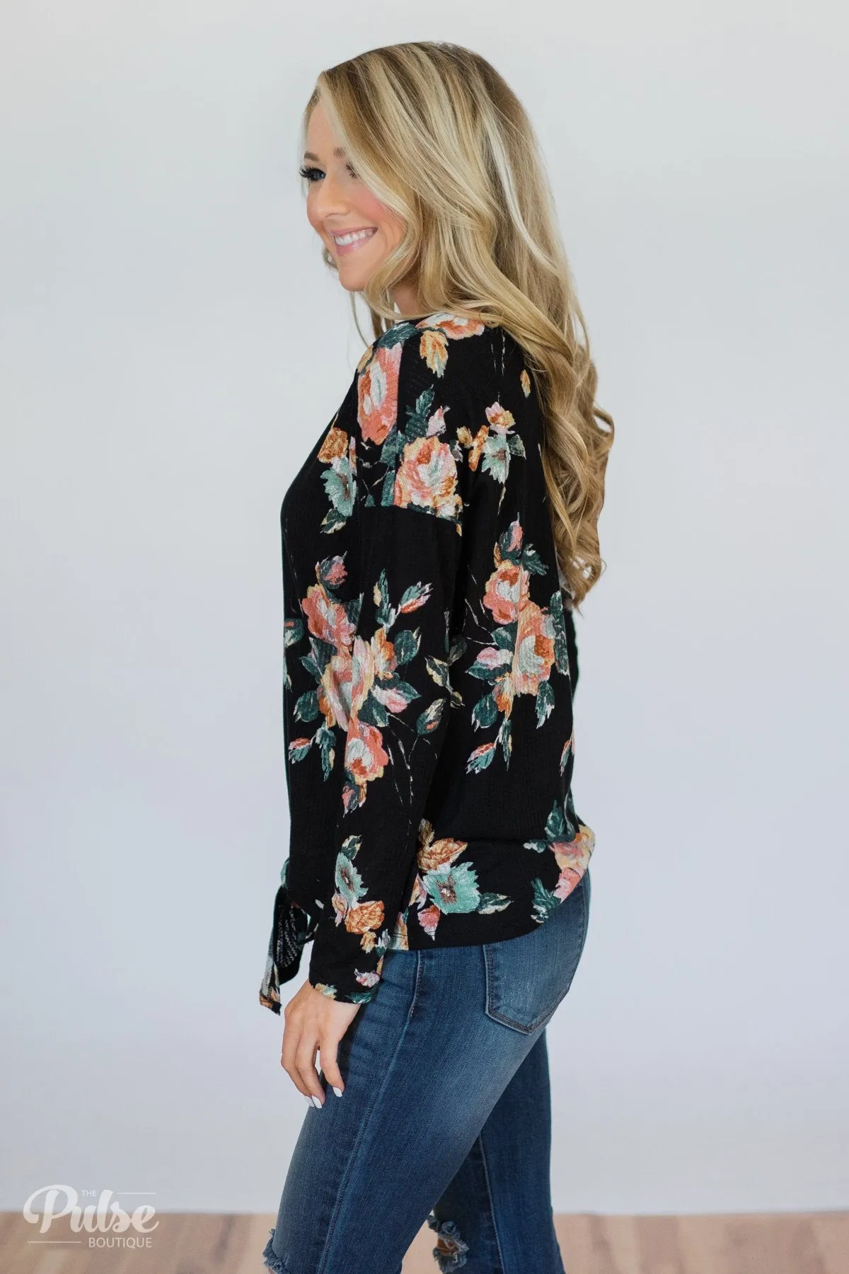 My Wish to You Floral Thermal Top- Black