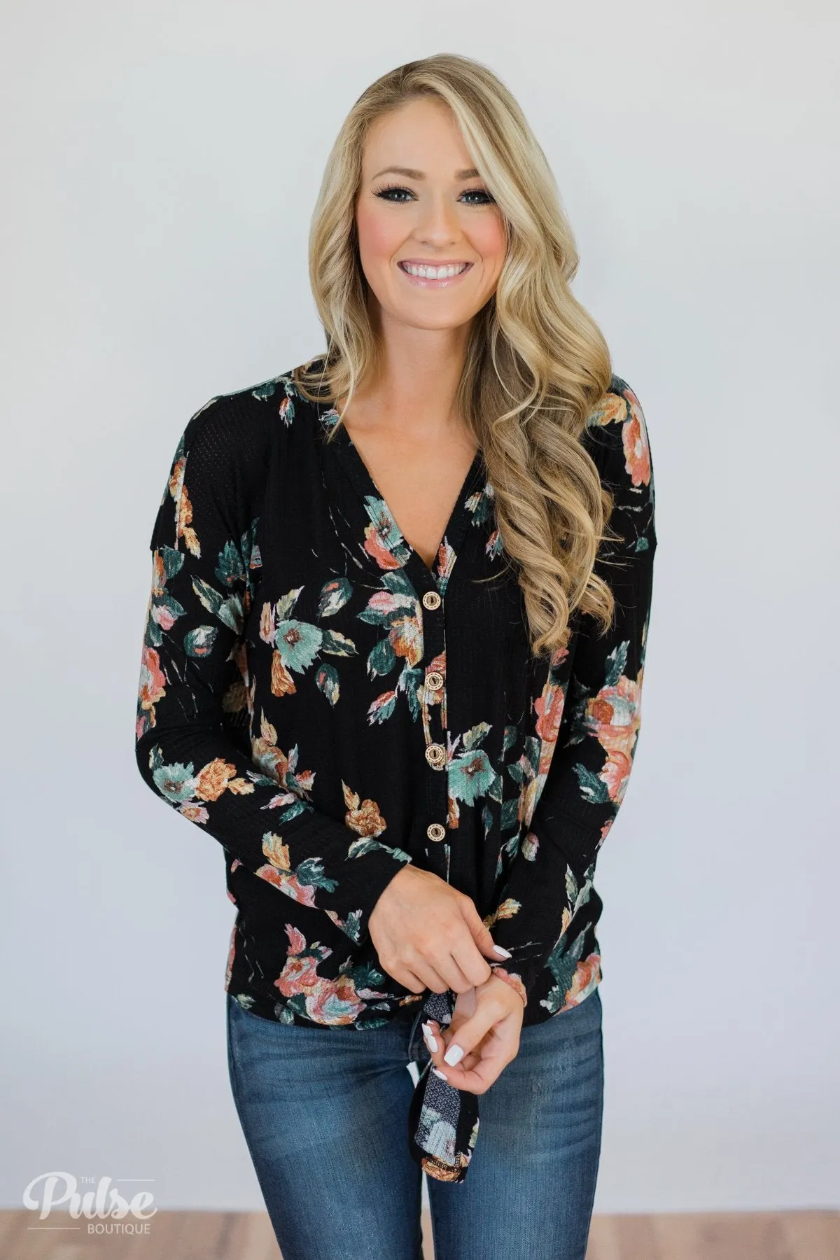 My Wish to You Floral Thermal Top- Black