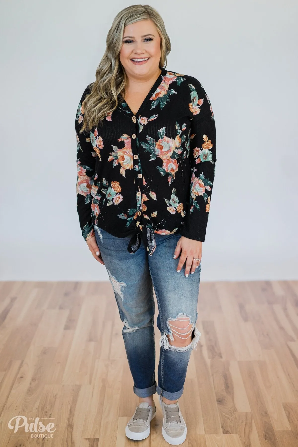 My Wish to You Floral Thermal Top- Black