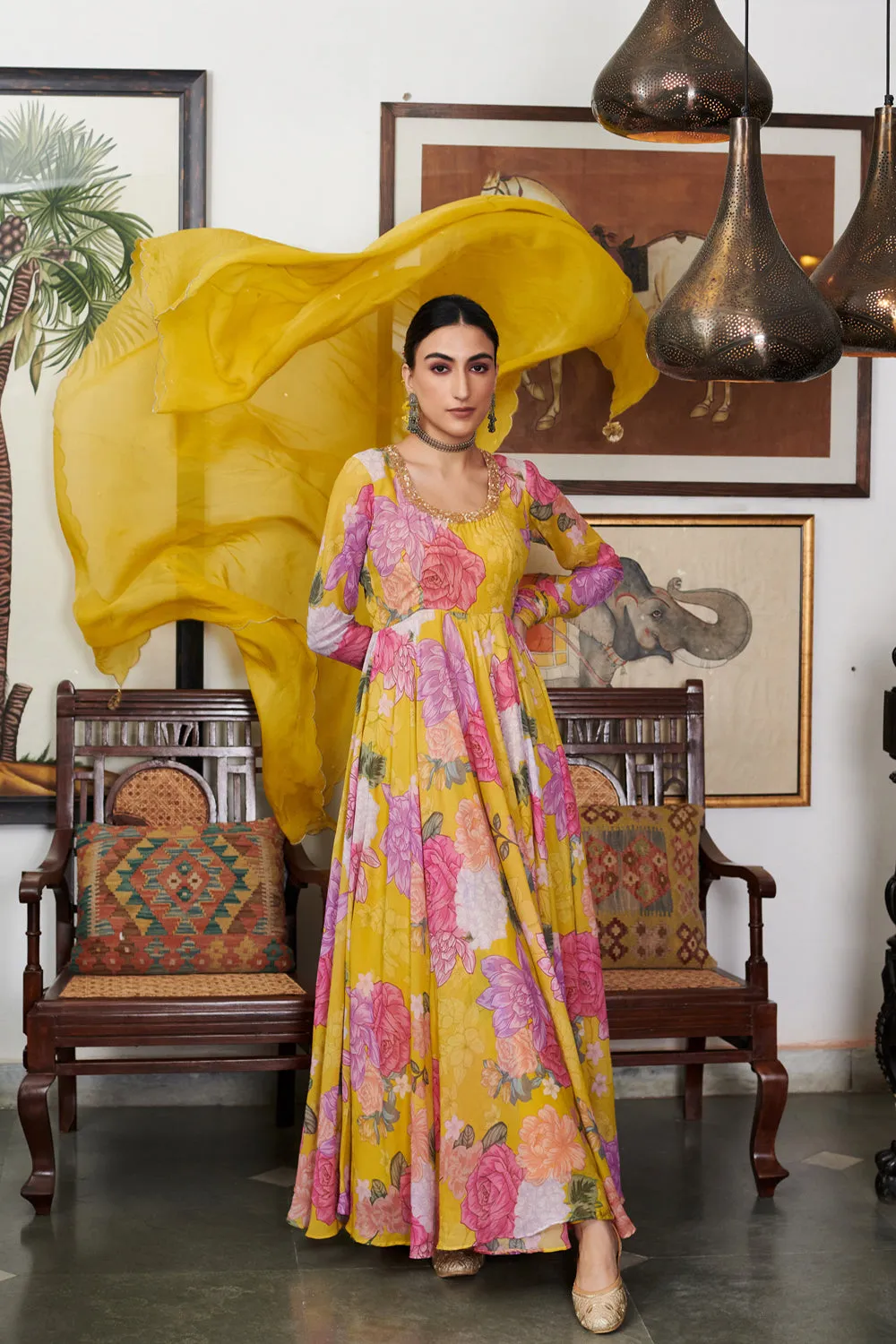 Nargis Mustard Floral Digital Printed Anarkali Set Of 3