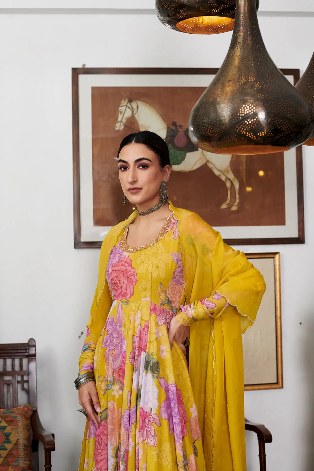 Nargis Mustard Floral Digital Printed Anarkali Set Of 3