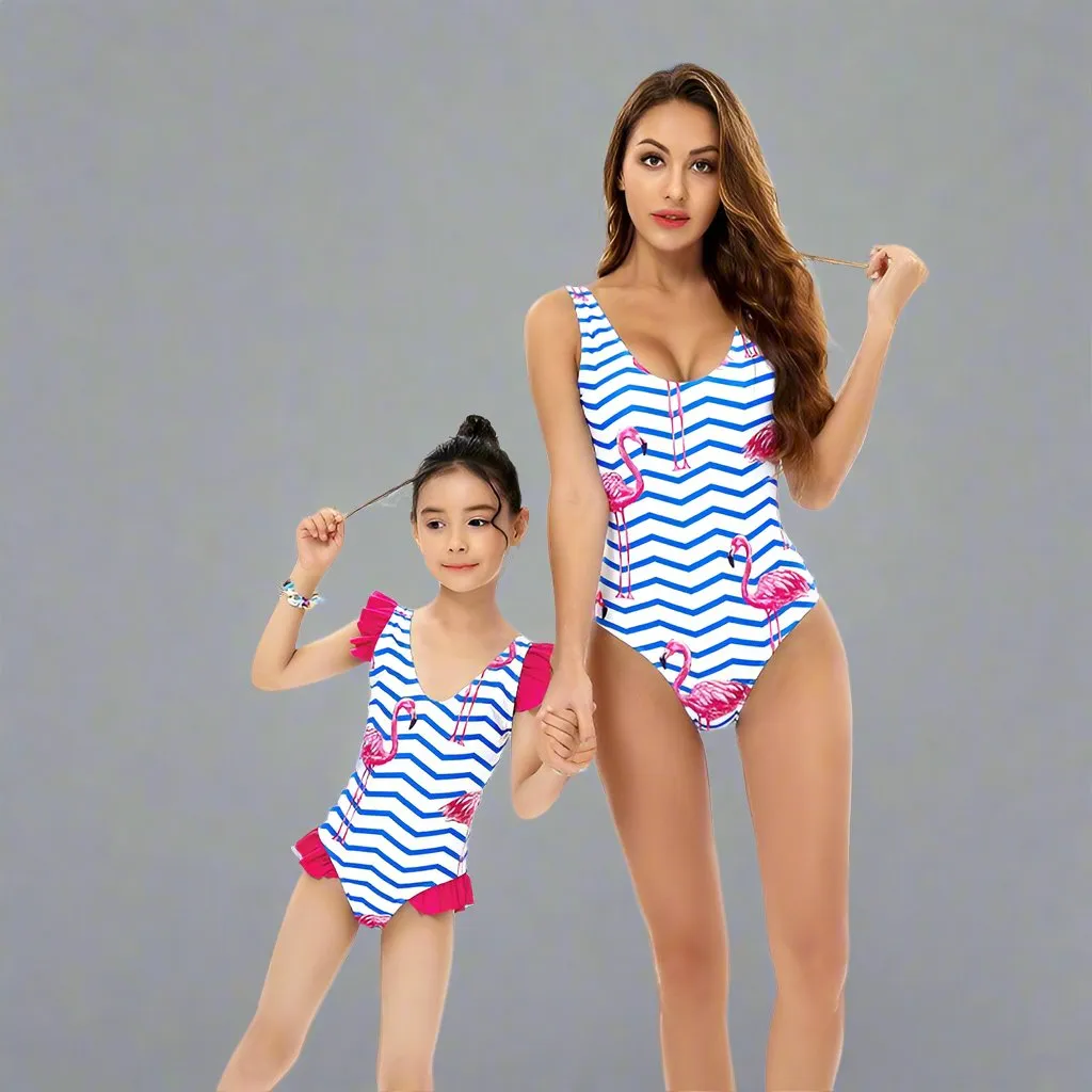 Nautical Charm Flamingo Print One-Piece Swimsuits for Mother & Daughter