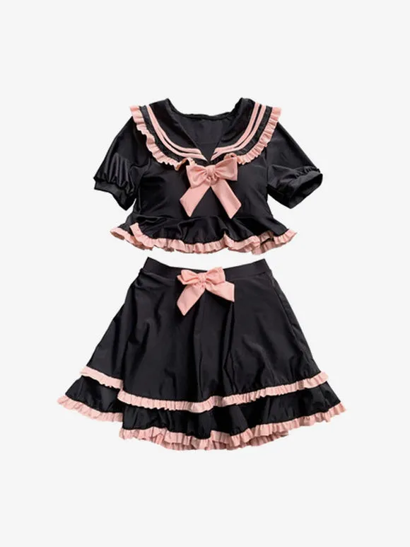 Navy Style Lolita Swimsuits Black Bows Ruffles Short Sleeves Pants Top
