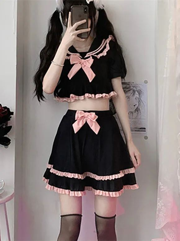 Navy Style Lolita Swimsuits Black Bows Ruffles Short Sleeves Pants Top