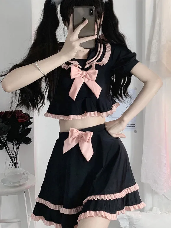 Navy Style Lolita Swimsuits Black Bows Ruffles Short Sleeves Pants Top