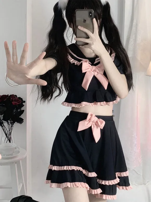 Navy Style Lolita Swimsuits Black Bows Ruffles Short Sleeves Pants Top