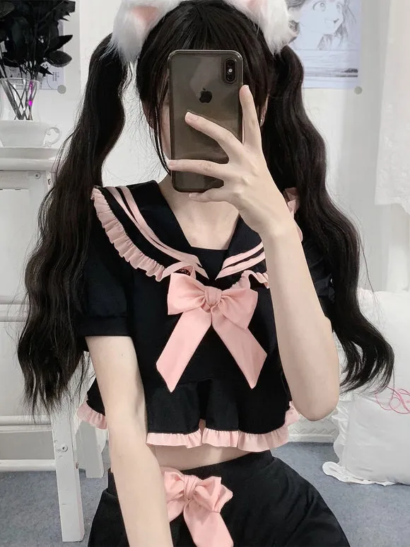 Navy Style Lolita Swimsuits Black Bows Ruffles Short Sleeves Pants Top