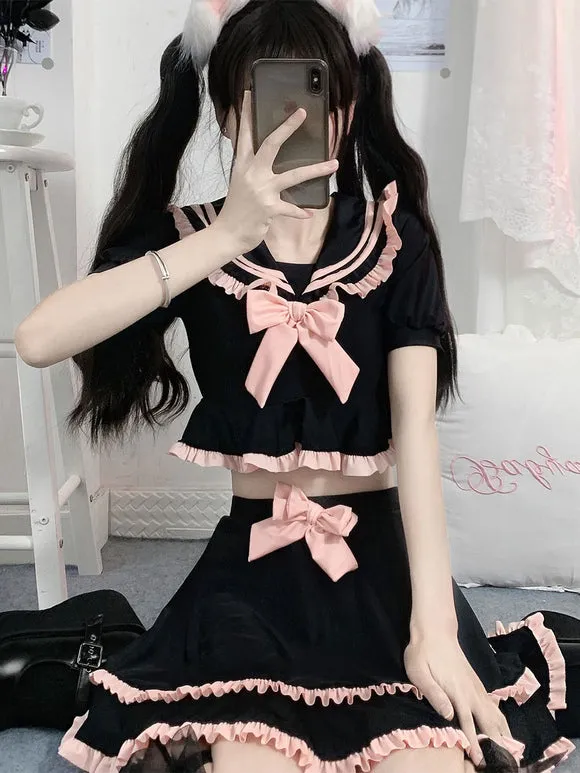 Navy Style Lolita Swimsuits Black Bows Ruffles Short Sleeves Pants Top