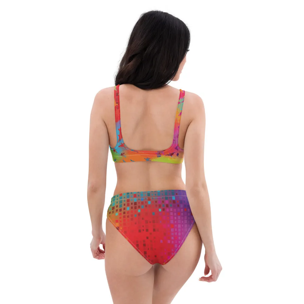 Neon Birds in Flight - Recycled High-Waisted Bikini