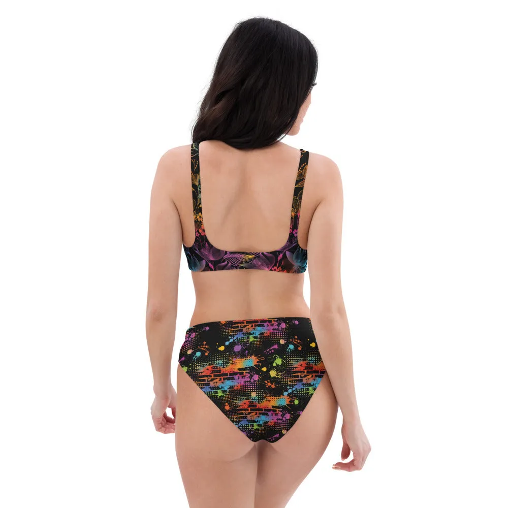 Neon Butterflies and Paint Splatters - Recycled High-Waisted Bikini