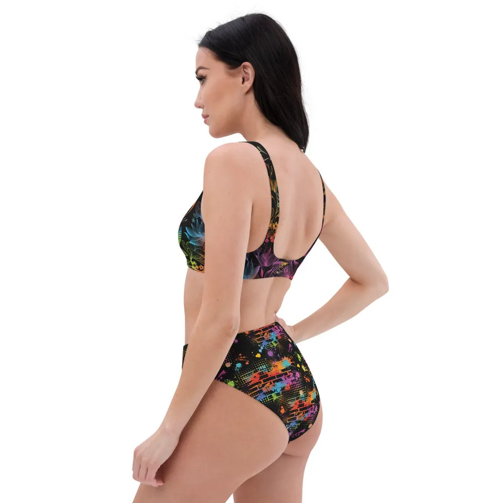 Neon Butterflies and Paint Splatters - Recycled High-Waisted Bikini