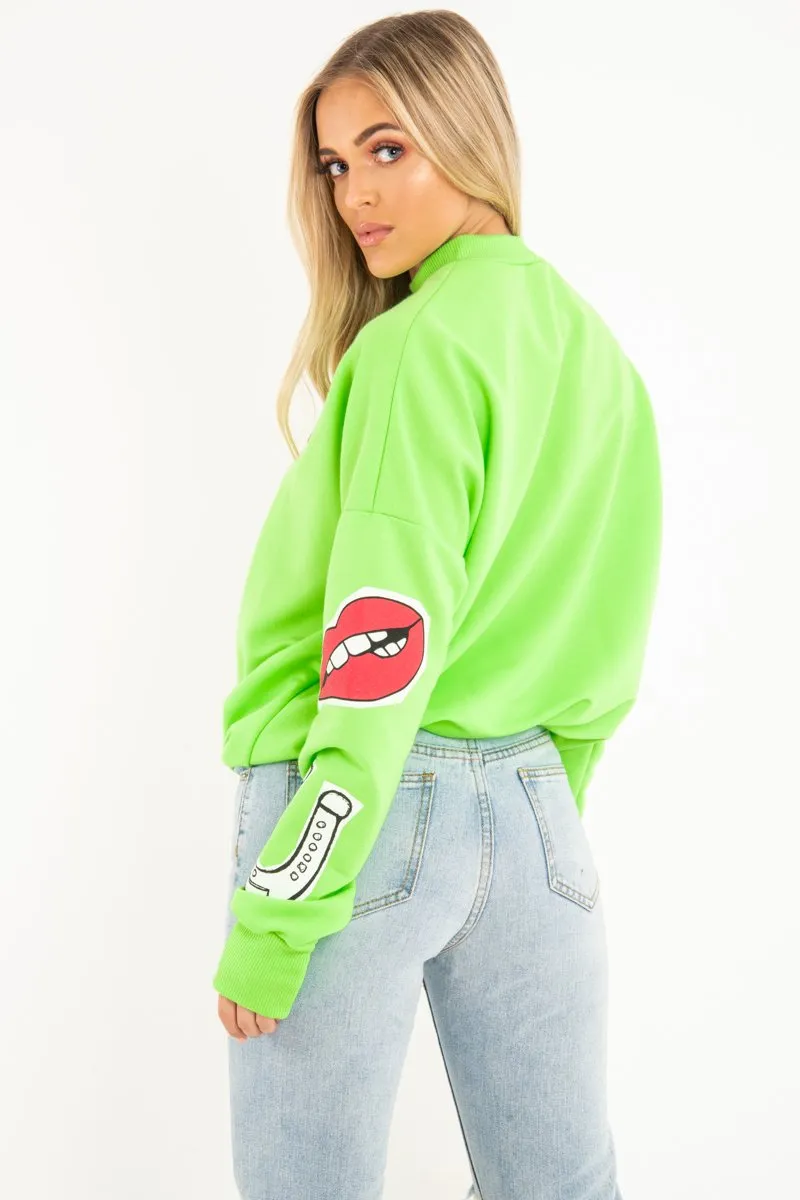 Neon Green Eyes Lips Printed Sweatshirt - Beckie
