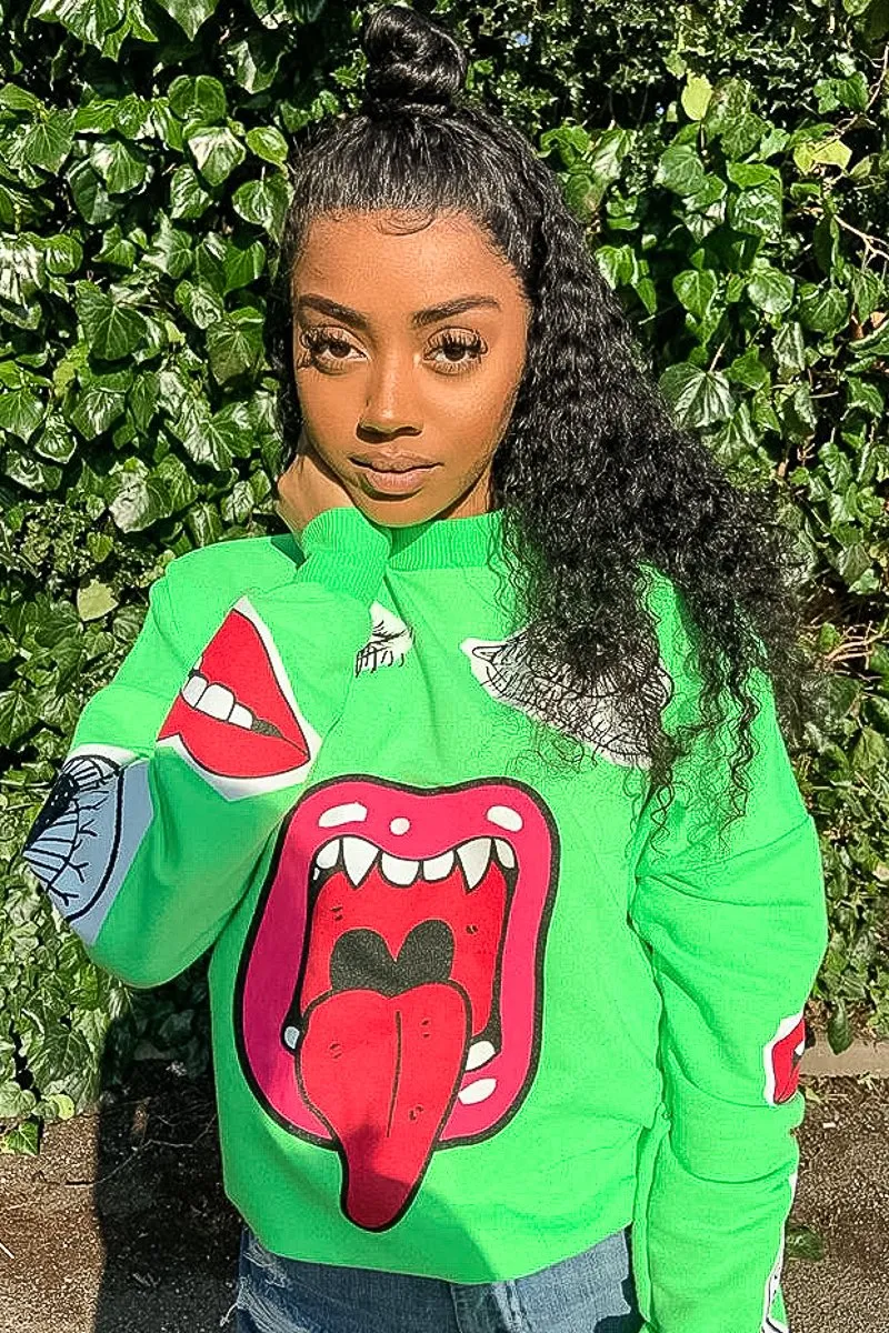 Neon Green Eyes Lips Printed Sweatshirt - Beckie