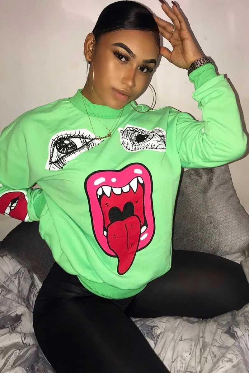 Neon Green Eyes Lips Printed Sweatshirt - Beckie